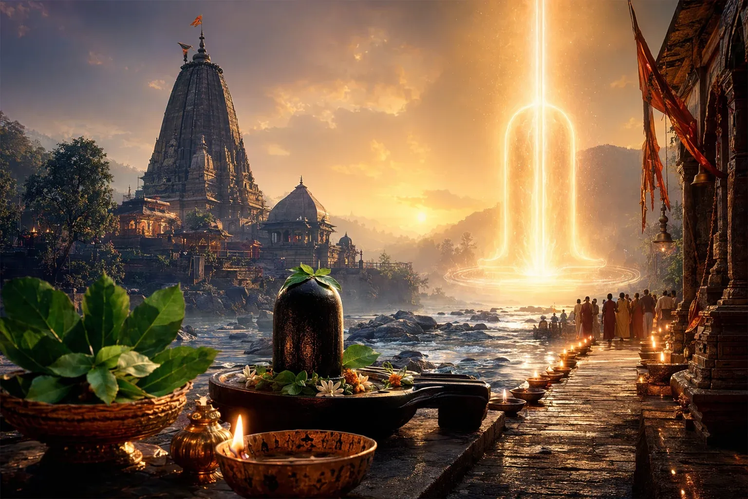 Respectful Shiva temple and Jyotirlinga pilgrimage illustration for What Is a Jyotirlinga? Meaning, Story, and Why Shiva Devotees Revere It.