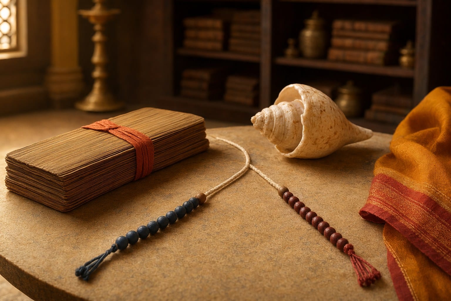 Open Mahabharata manuscript with a dharma wheel, family-tree threads, conch silhouette, lotus petals, diyas, and distant Kurukshetra horizon.