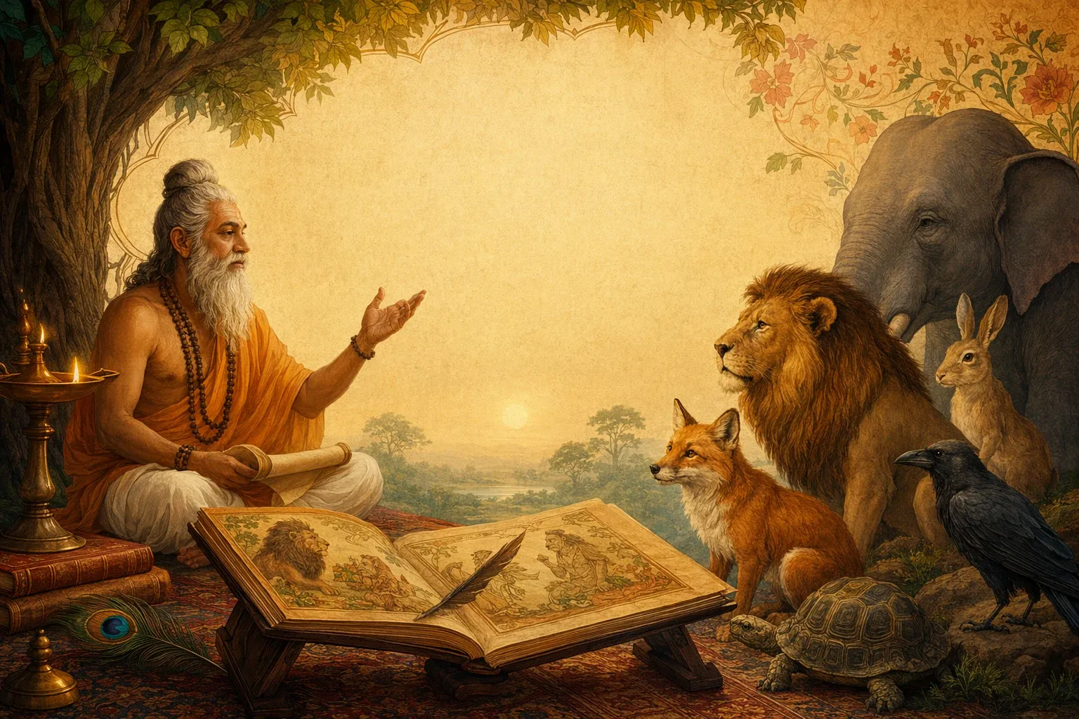 What Is Panchatantra? Meaning and Stories Explained Simply illustration with Panchatantra-style animals, books, Indian storytelling mood, and warm educational setting.