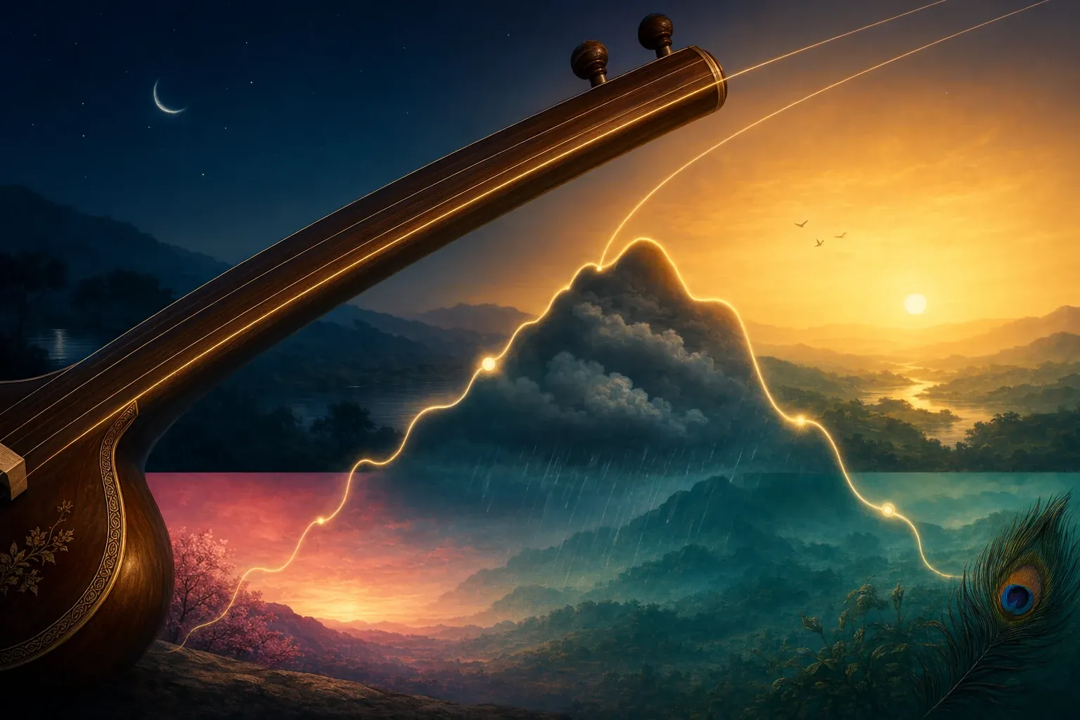 Editorial illustration for What Is a Raga? Raag Meaning in Indian Classical Music: A raga shown as one focused melodic identity: time, mood, ascent/descent, and emotion, without a co...