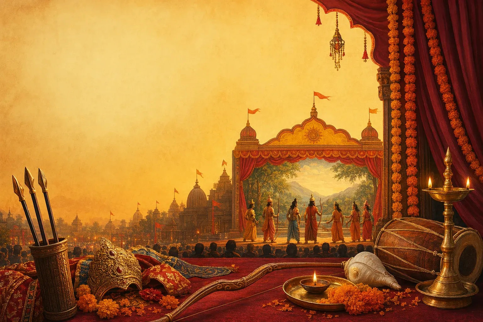 Ramlila stage scene with audience, Ramayana props, lamps, costumes, and devotional festival atmosphere.