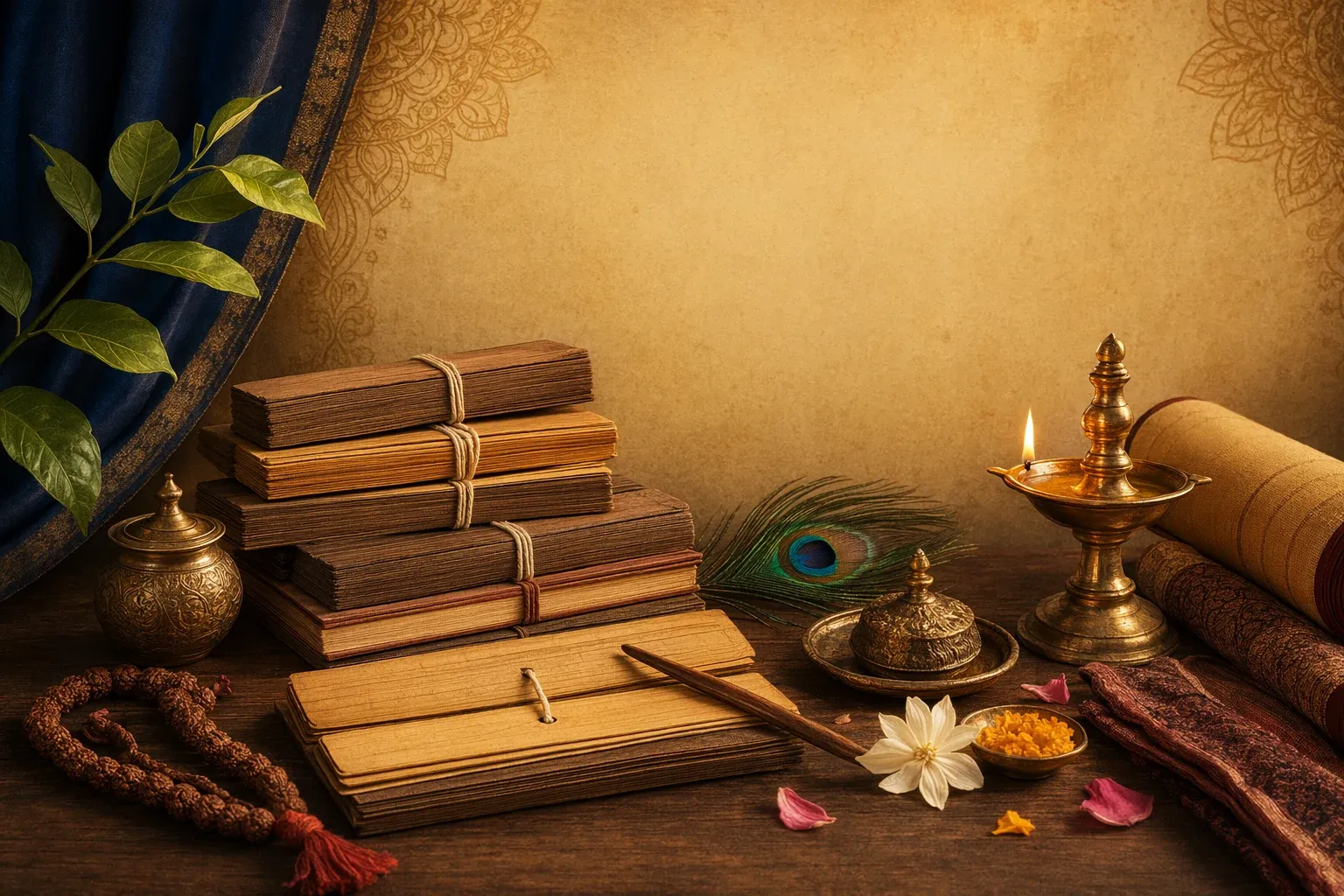What Is Vedanga? Meaning and Simple Explanation for Beginners illustration with manuscripts, lamp, and Indian learning symbols.