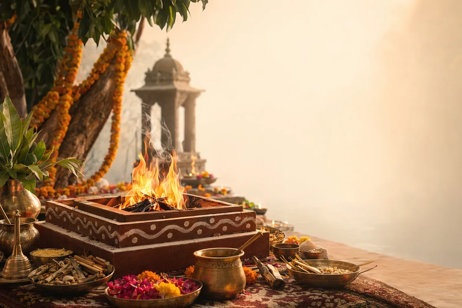 Respectful yajna fire altar scene with offerings and Indian ritual setting for What Is Yajna? Meaning, Purpose, and Simple Explanation for Beginners.