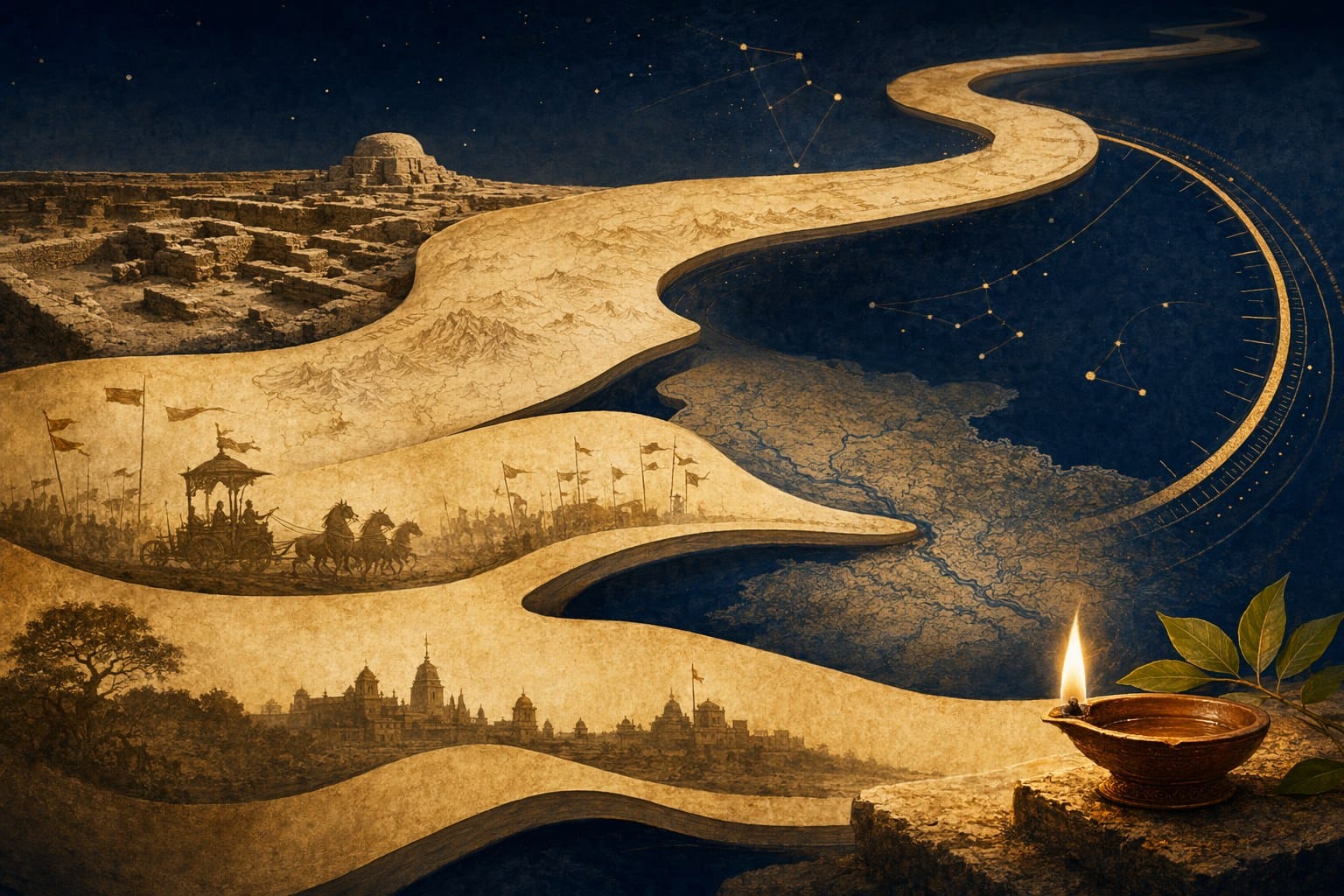 Layered parchment timeline with constellations, map fragments, ancient city silhouettes, and a lamp symbolizing Mahabharata dating traditions.