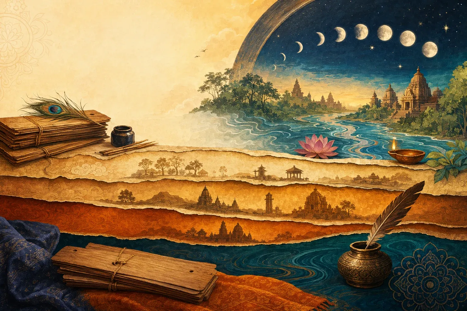 Layered parchment timeline with manuscripts, ink pots, river motifs, stars, and moon phases for the historical development of the Puranas.