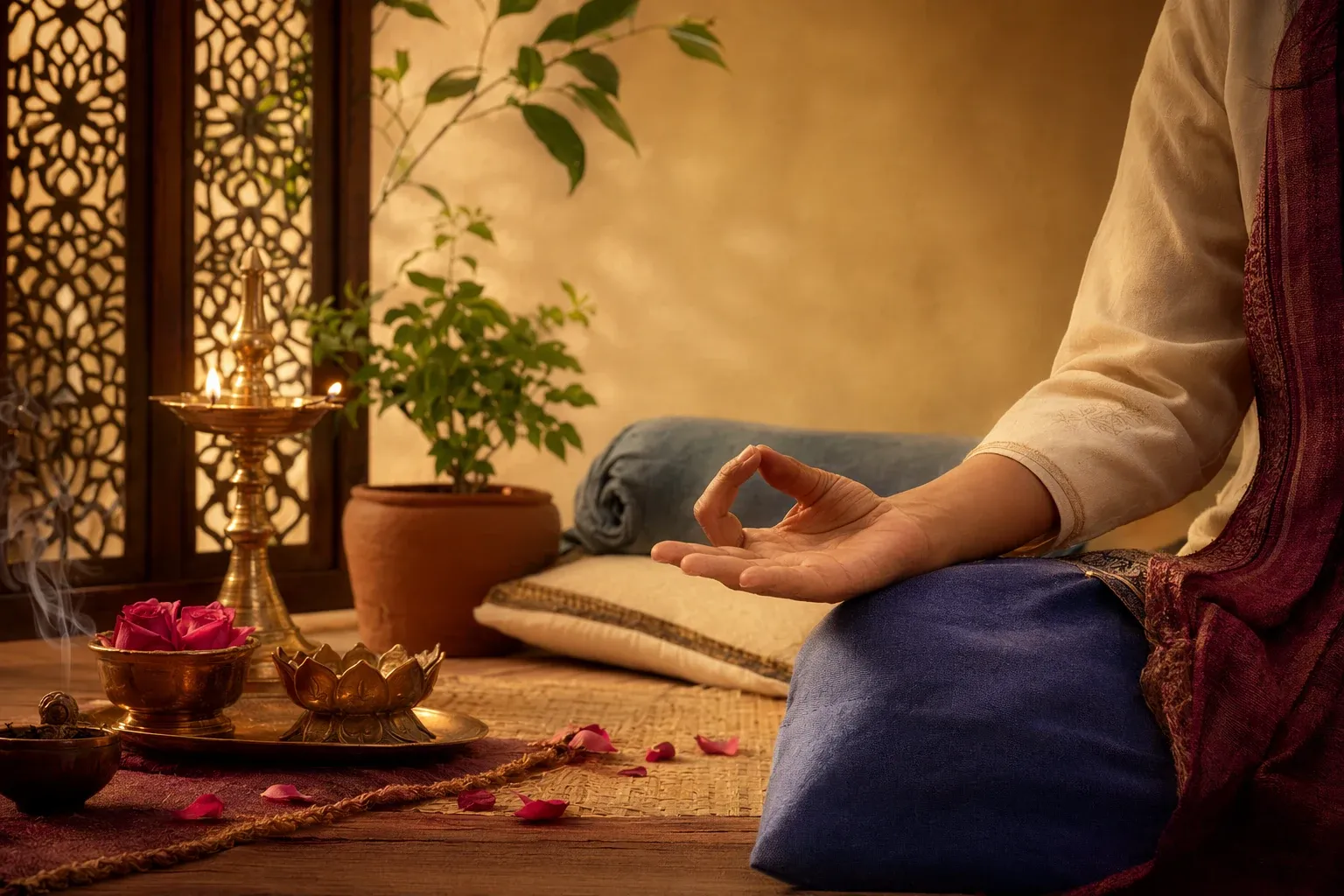 A quiet evening meditation setting with relaxed hands in a mudra, soft lamp light, and calm bedroom atmosphere.