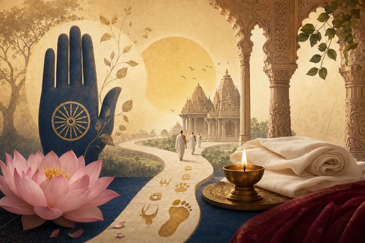 Jain temple and ahimsa symbol illustration representing Mahavira, Tirthankaras, and the long Jain spiritual lineage.