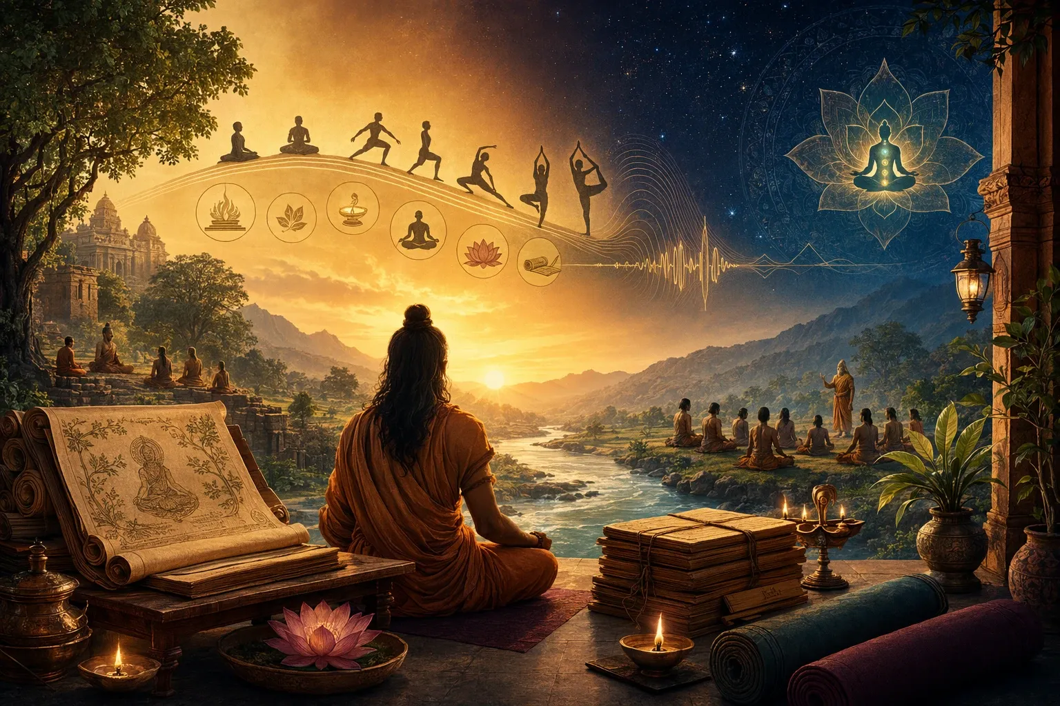 Symbolic yoga history illustration with a sage silhouette, manuscript, river, stars, and oral tradition motifs.