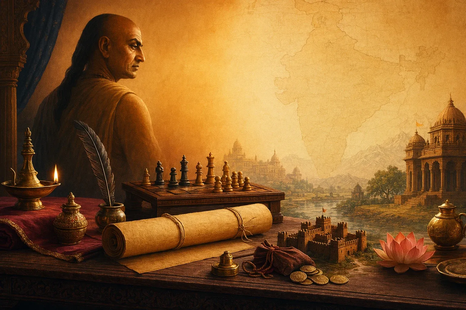 Who Wrote Arthashastra? Chanakya, Kautilya and the Authorship Story illustration with ancient Indian manuscripts, statecraft symbols, learning objects, and warm historical setting.