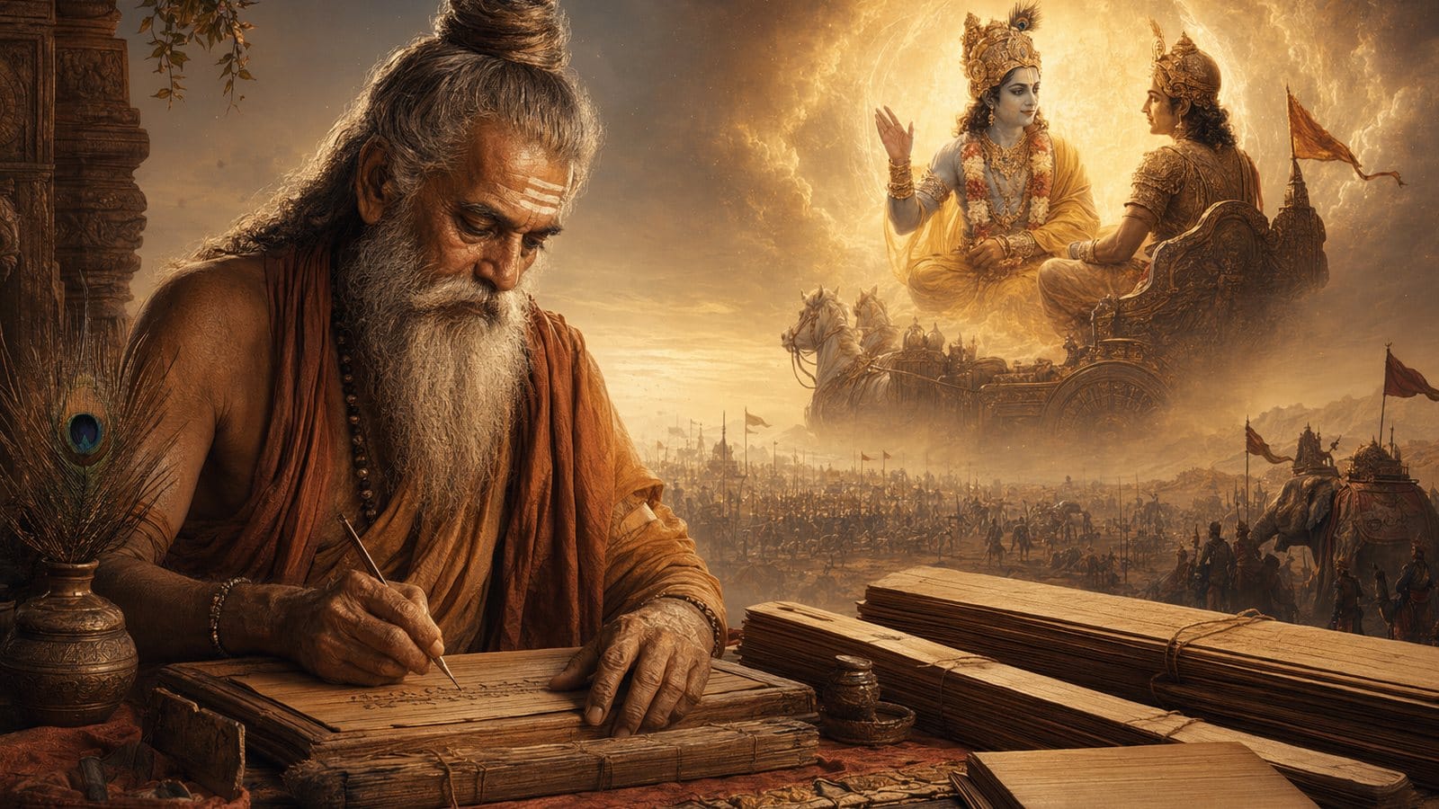 Vyasa writing the Bhagavad Gita with Krishna and Arjuna in the Mahabharata context