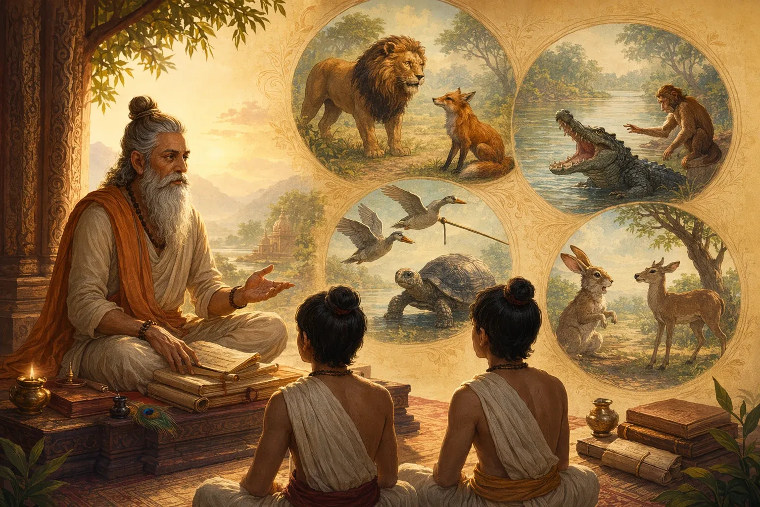 Who Wrote Panchatantra? Vishnu Sharma and the Story Behind It illustration with Panchatantra-style animals, books, Indian storytelling mood, and warm educational setting.