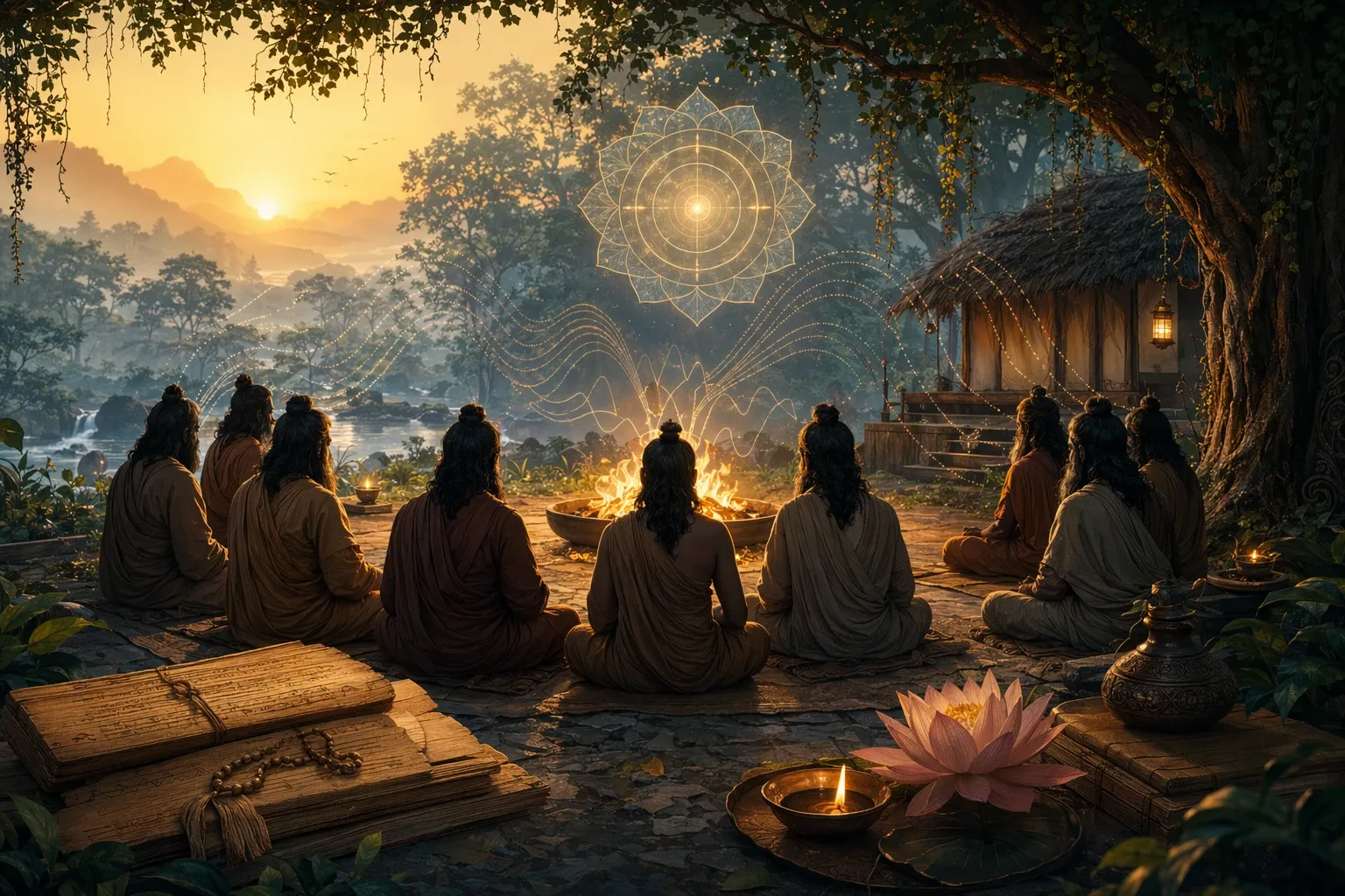 Symbolic Upanishads illustration with circle of anonymous rishi silhouettes from behind around a listening fire, oral sound waves, palm leaves, and a forest hermitage at dawn.