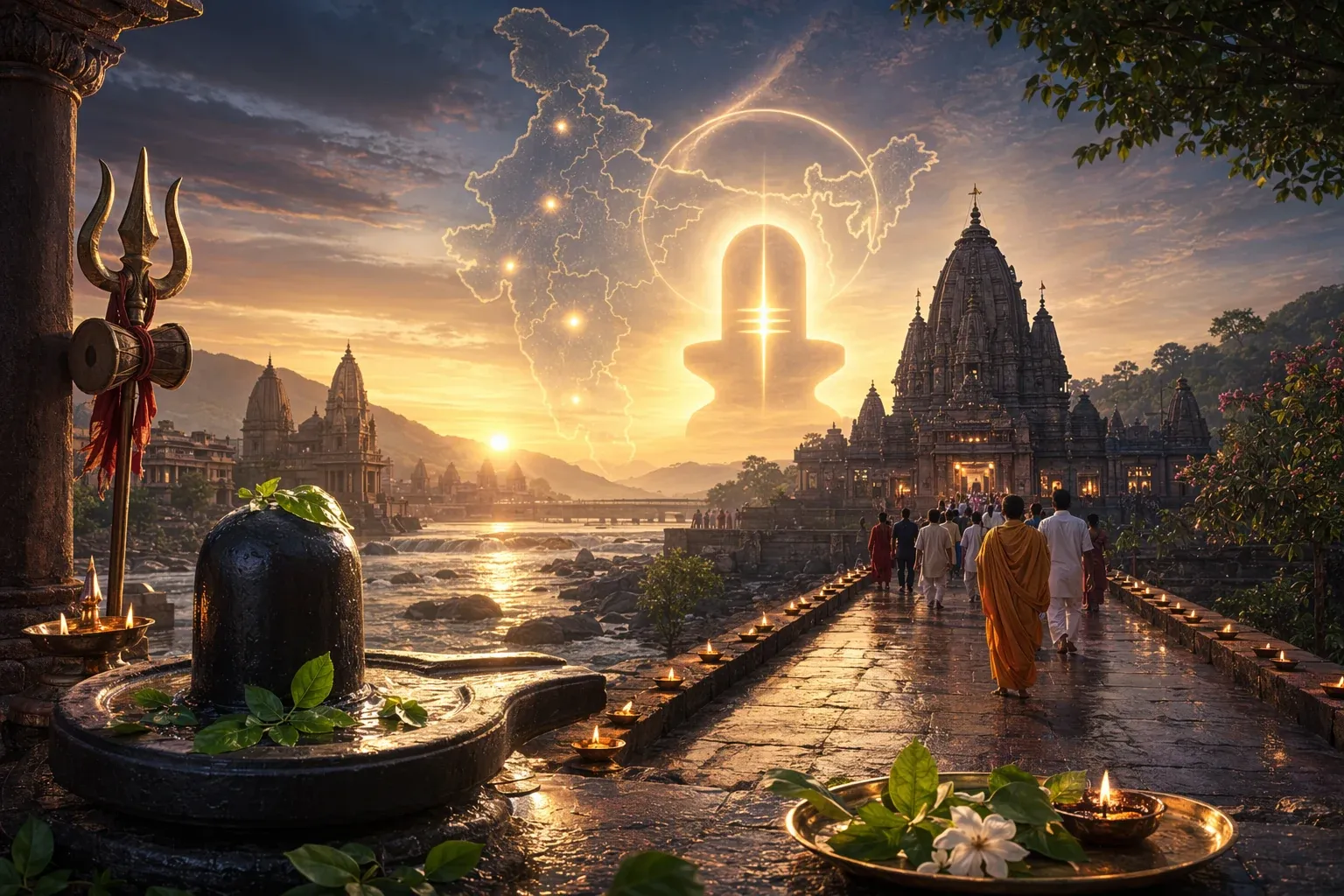 Respectful Shiva temple and Jyotirlinga pilgrimage illustration for Why Are the 12 Jyotirlingas So Important? Meaning, Symbolism, and Devotion.