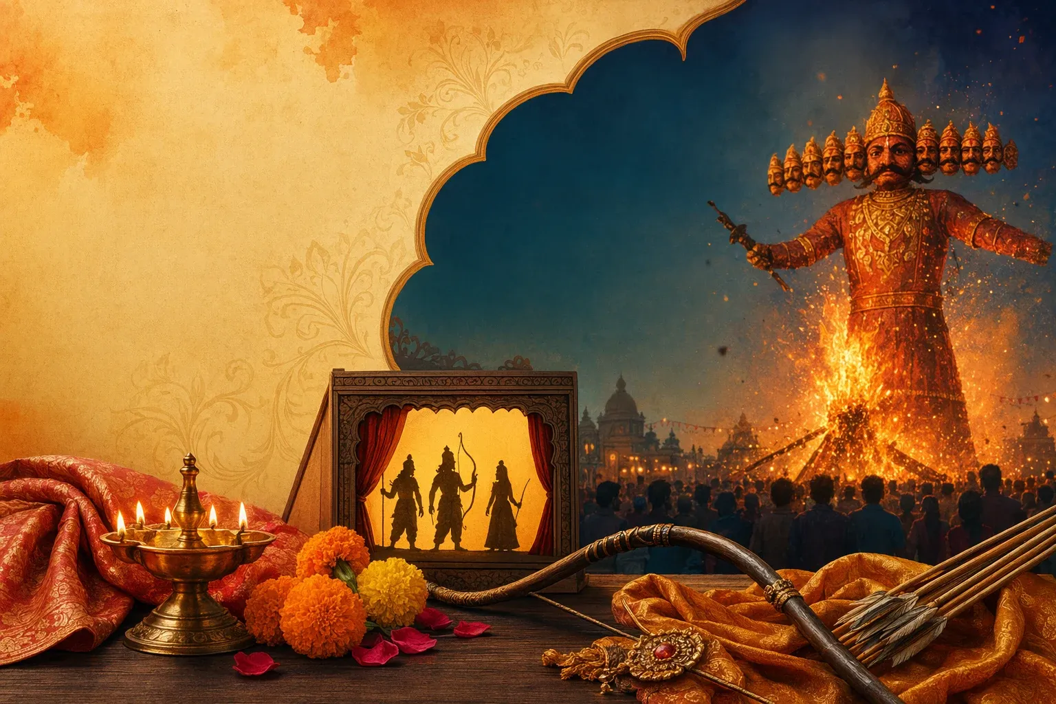 Ramlila and Dussehra scene with stage performance, Ravana effigy, lamps, audience, and devotional festival atmosphere.