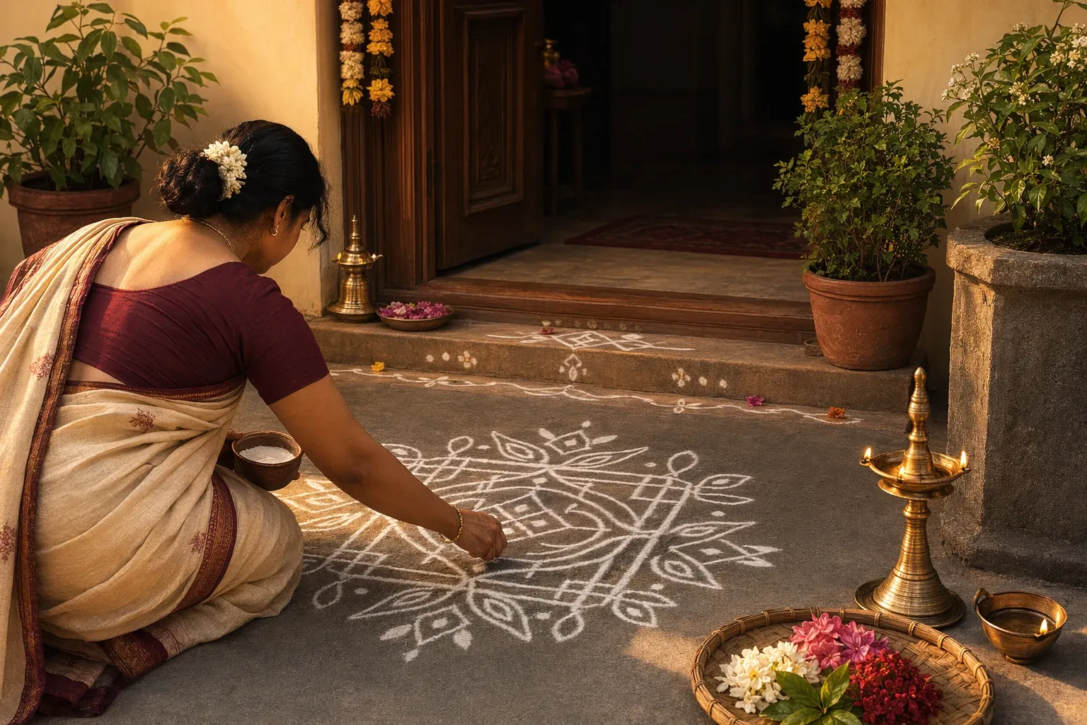 Editorial illustration for Why Do People Draw Kolam Outside Homes?: a concrete article-specific Indian cultural editorial scene for Why Do People Draw Kolam Outside Homes?, rooted in...