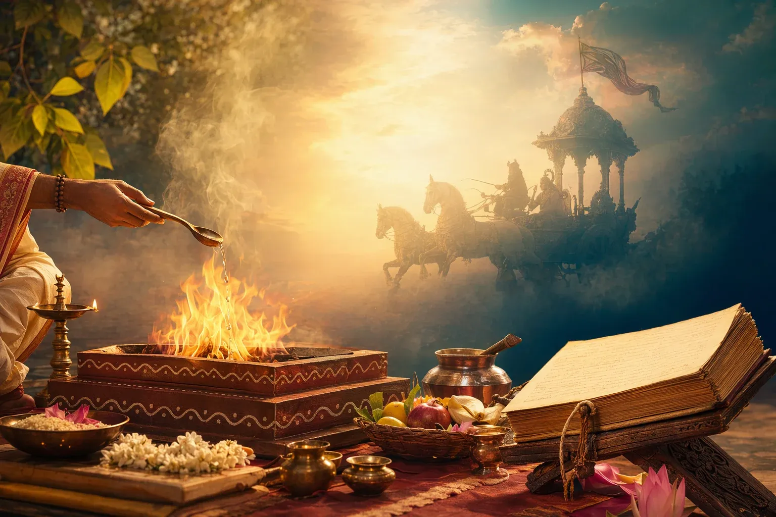 Respectful yajna fire altar scene with offerings and Indian ritual setting for Yajna in the Bhagavad Gita: What Krishna Means by Sacred Action.