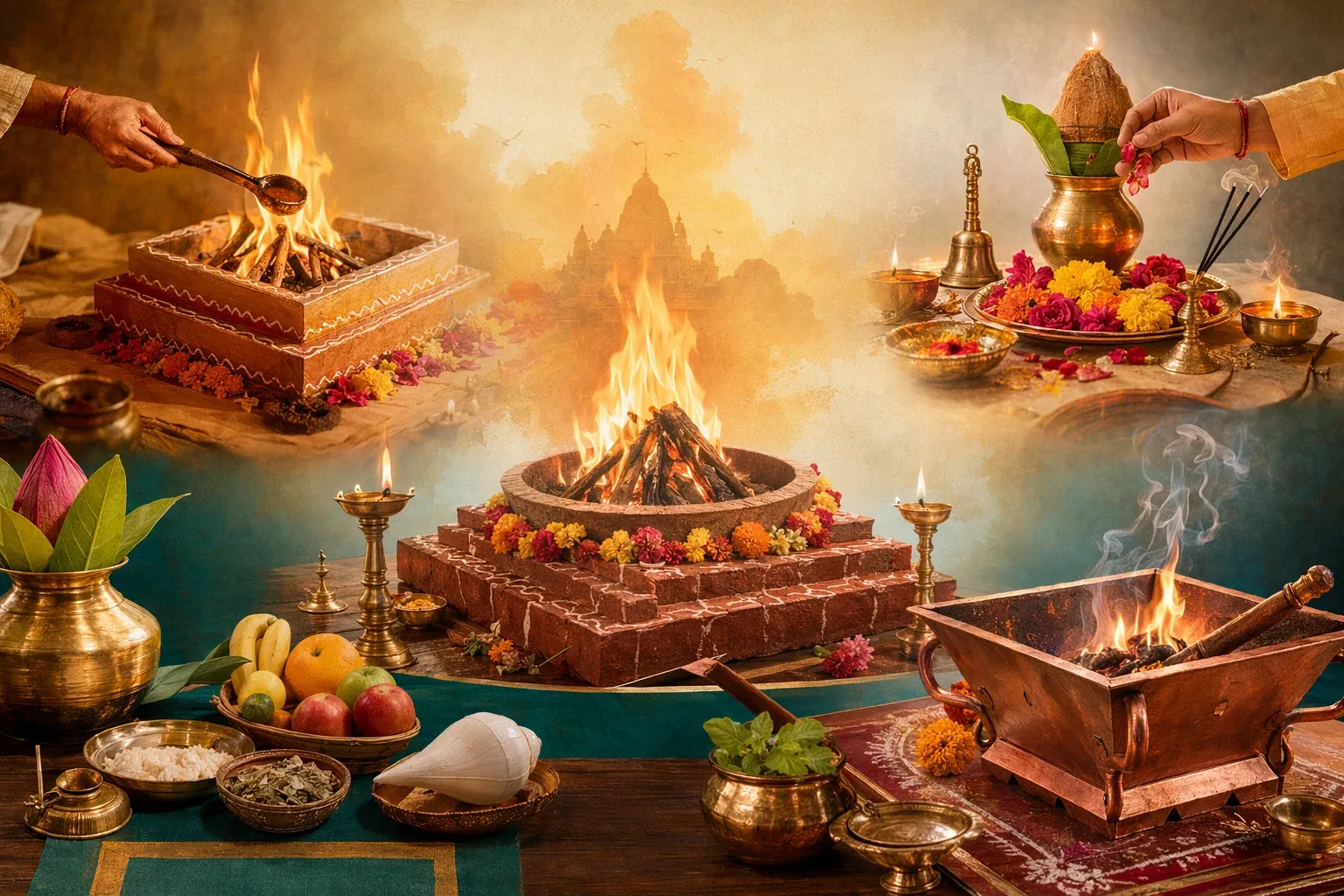 Respectful yajna fire altar scene with offerings and Indian ritual setting for Yajna vs Havan vs Puja vs Homam: What Is the Difference?.