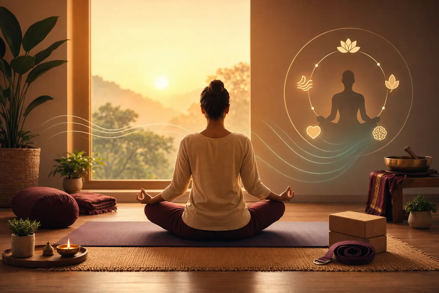 Calm beginner yoga illustration with a mat, breathing practice, and Indian philosophy study elements.
