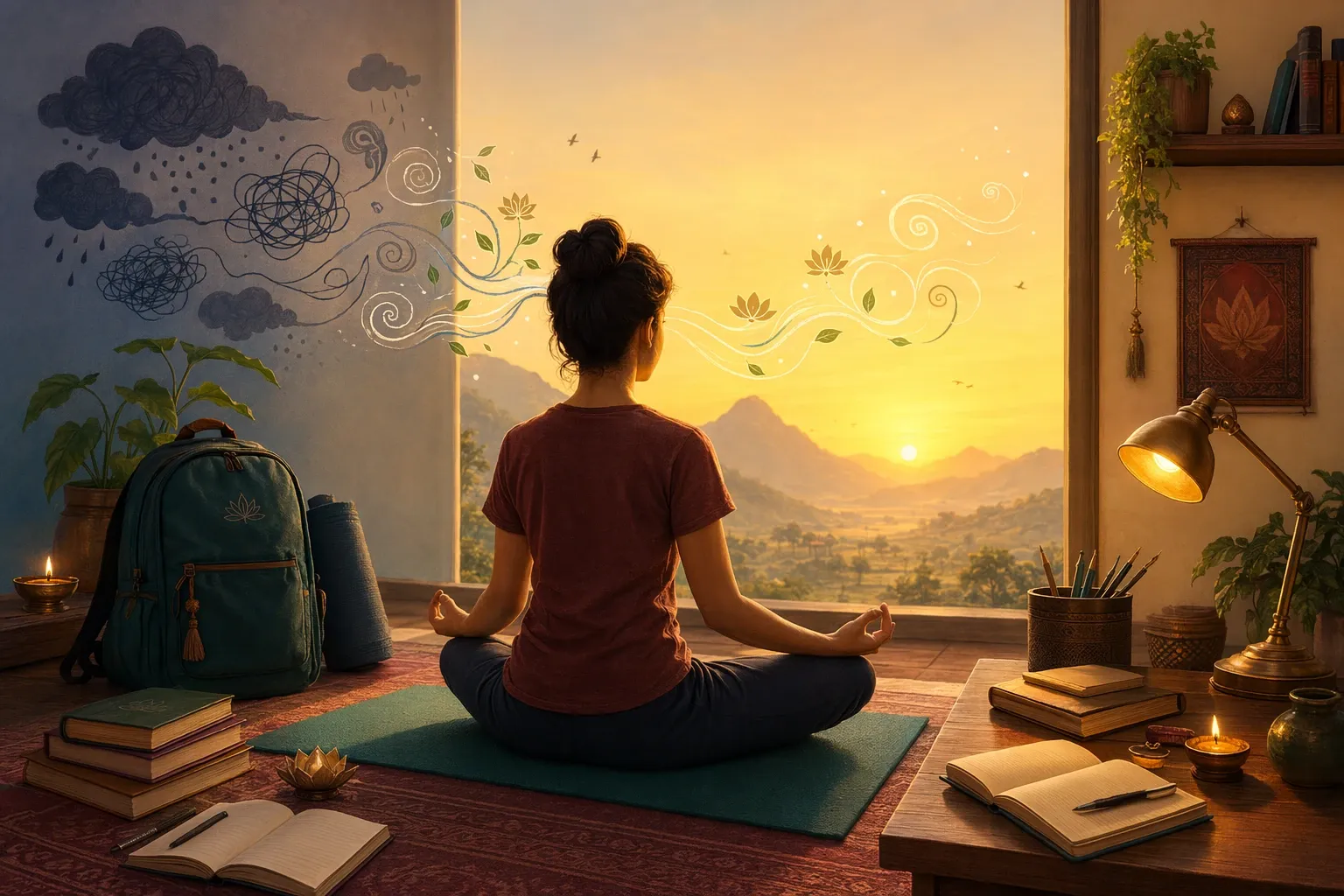 Symbolic yoga illustration showing teen study desk, backpack, small yoga mat, stress clouds dissolving into breath patterns, and a soft focus lamp.
