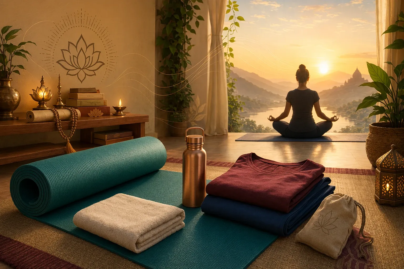 Symbolic yoga illustration showing neatly arranged beginner yoga essentials: mat, comfortable clothes, towel, water bottle, and warm home-practice corner.
