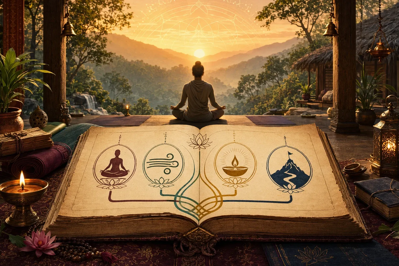 Open manuscript, meditation lamp, and symbolic paths representing the Yoga Sutras of Patanjali for beginners.