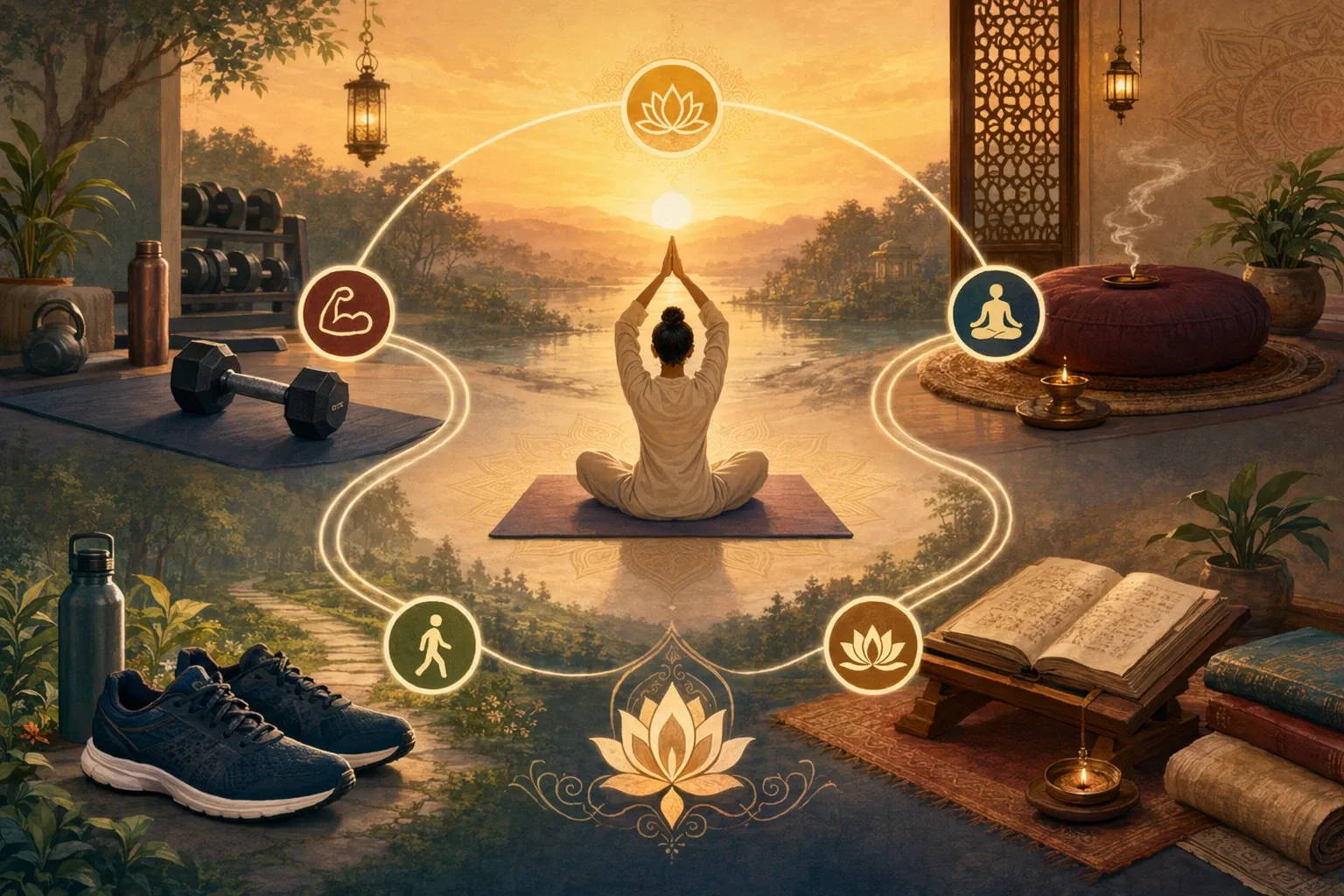 Symbolic yoga illustration showing balanced split-scene with yoga mat, dumbbell, walking shoes, and meditation cushion connected by one calm wellness circle.