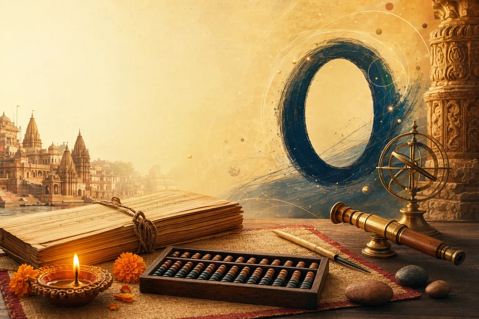 Editorial illustration for Zero and the Indian Number System: Simple Story for Beginners: a concrete article-specific Indian cultural editorial scene for Zero and the Indian Number S...
