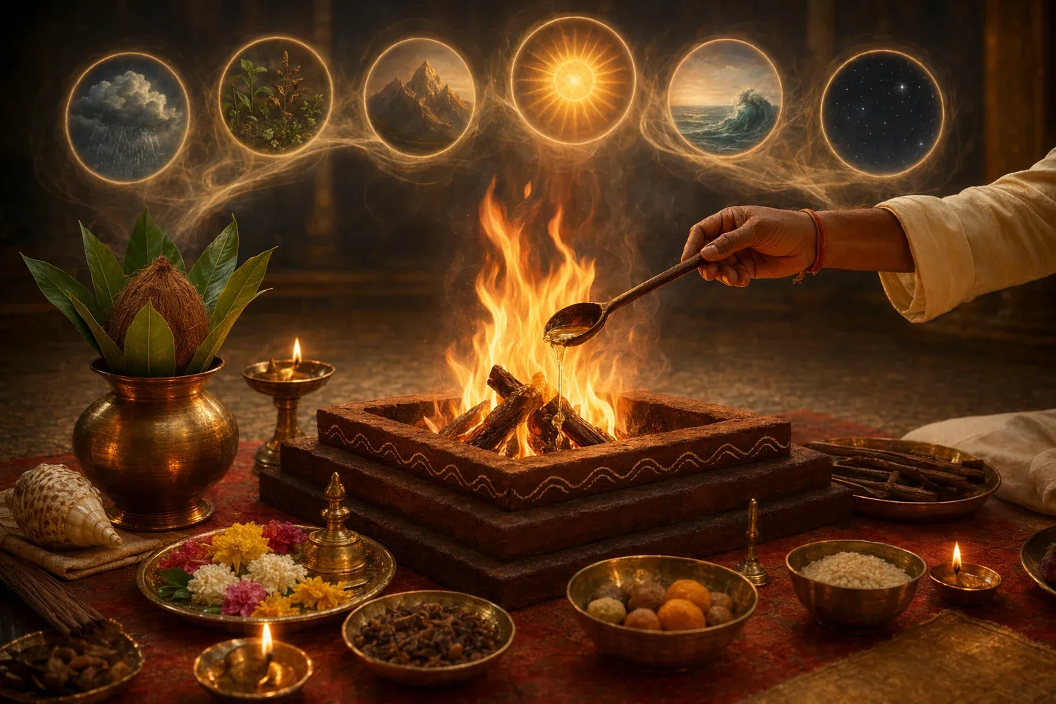 Yajna fire with offerings, lamps, and symbolic devotional elements showing Agni as sacred fire and messenger to the devatas.