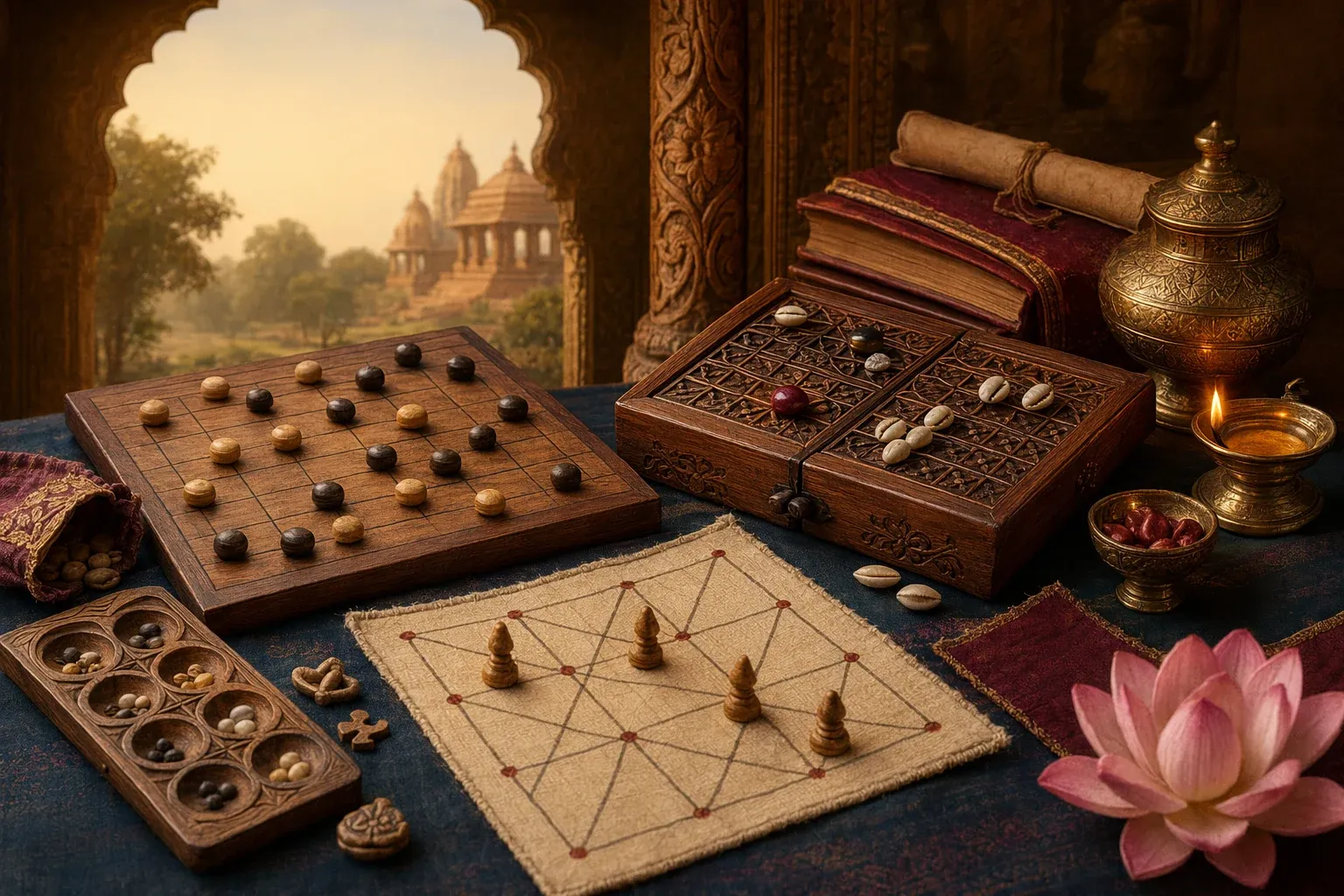 Heritage-inspired Indian board games scene with cowrie shells, carved game boards, wooden pieces, palm-leaf manuscript and temple-style backdrop.