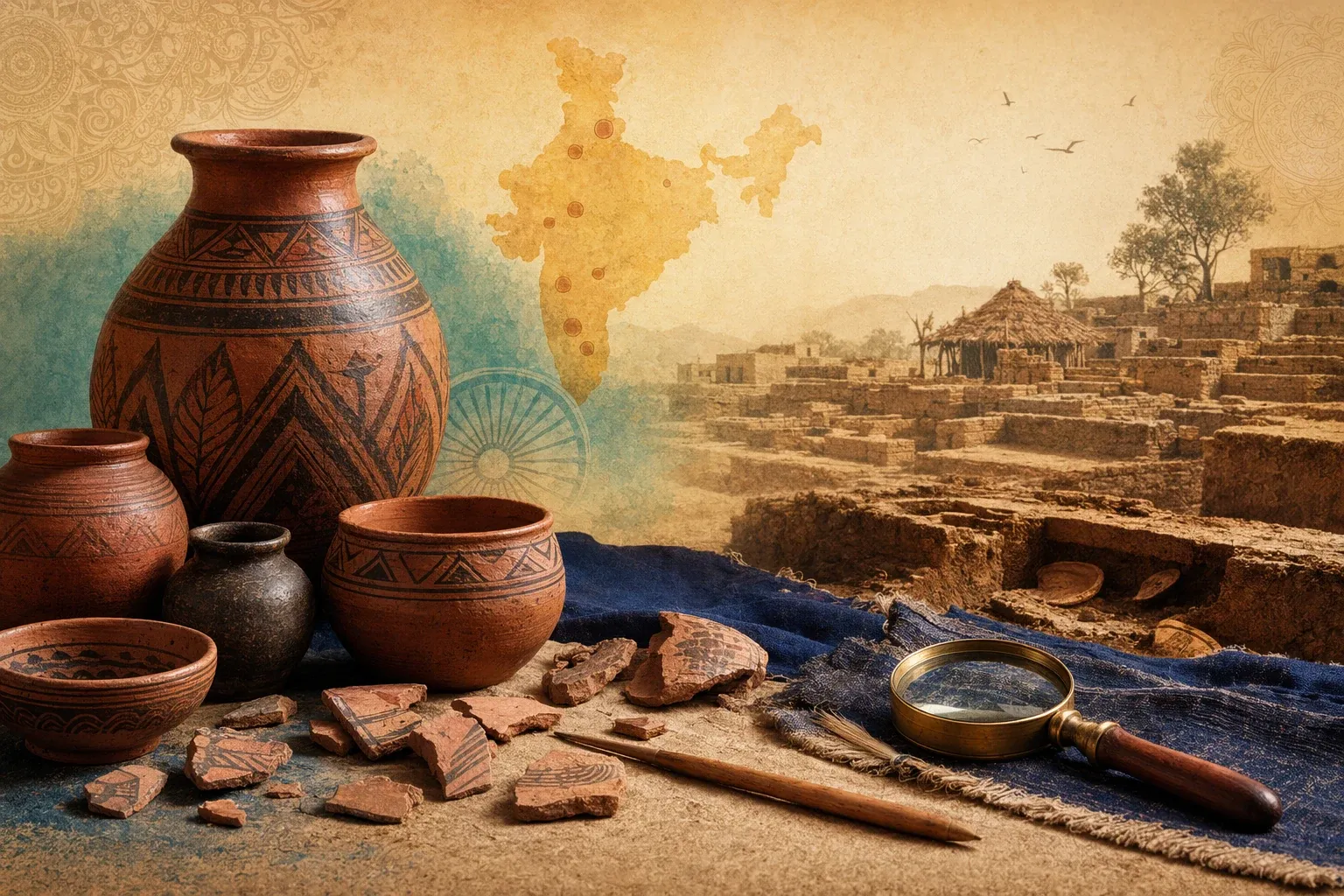 Ancient clay vessels and pottery sherds near an excavation scene, suggesting archaeology, storage, craft and historical evidence.