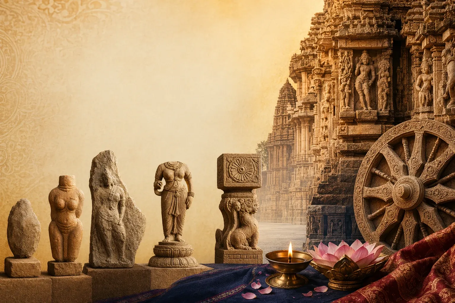 Ancient Indian sculpture history illustration with temple reliefs, early figures, cave-style carvings and study notes.
