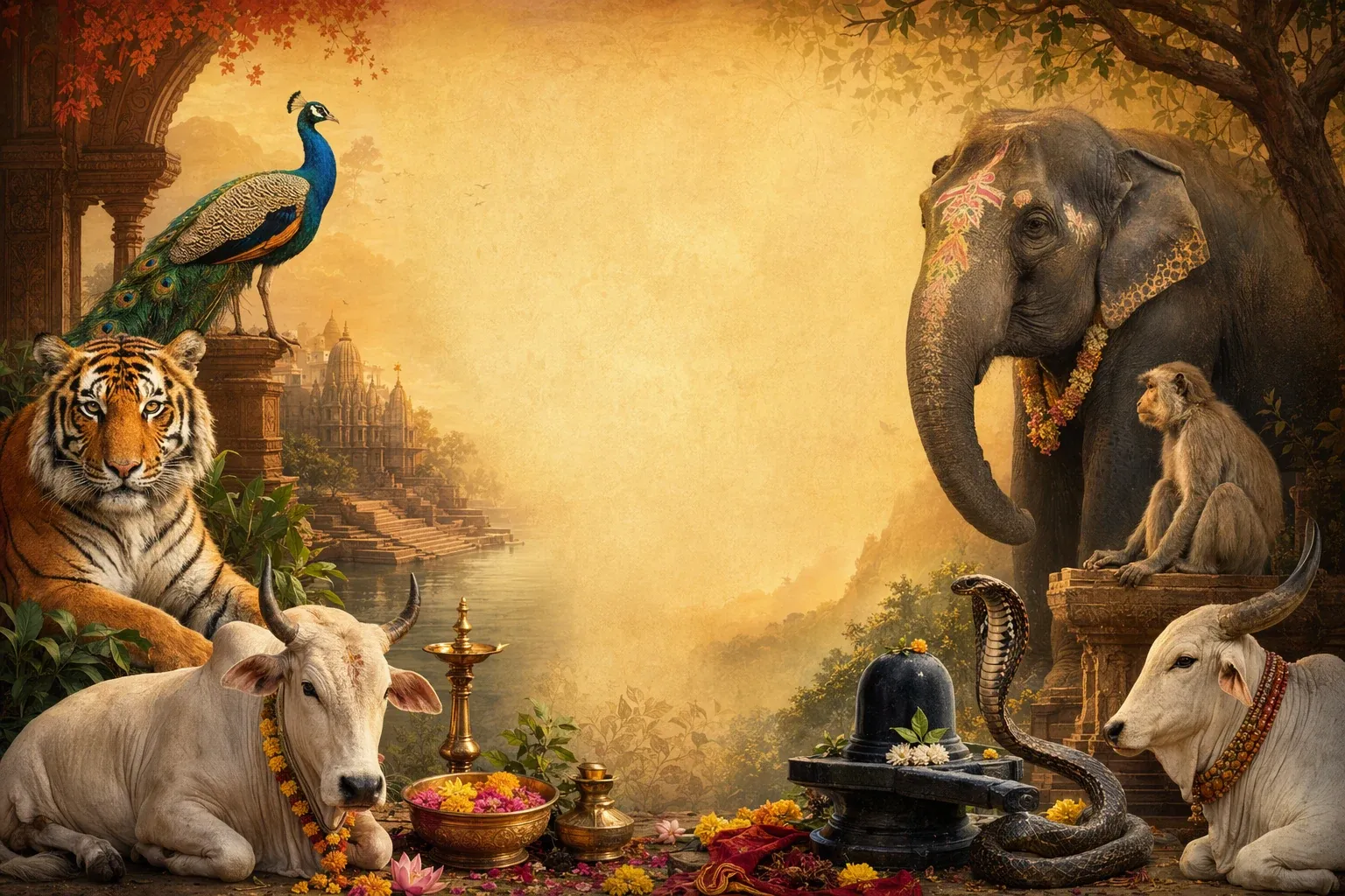 Symbolic illustration of Indian animal symbols including tiger, peacock, cow, elephant, monkey, snake, and temple motifs.