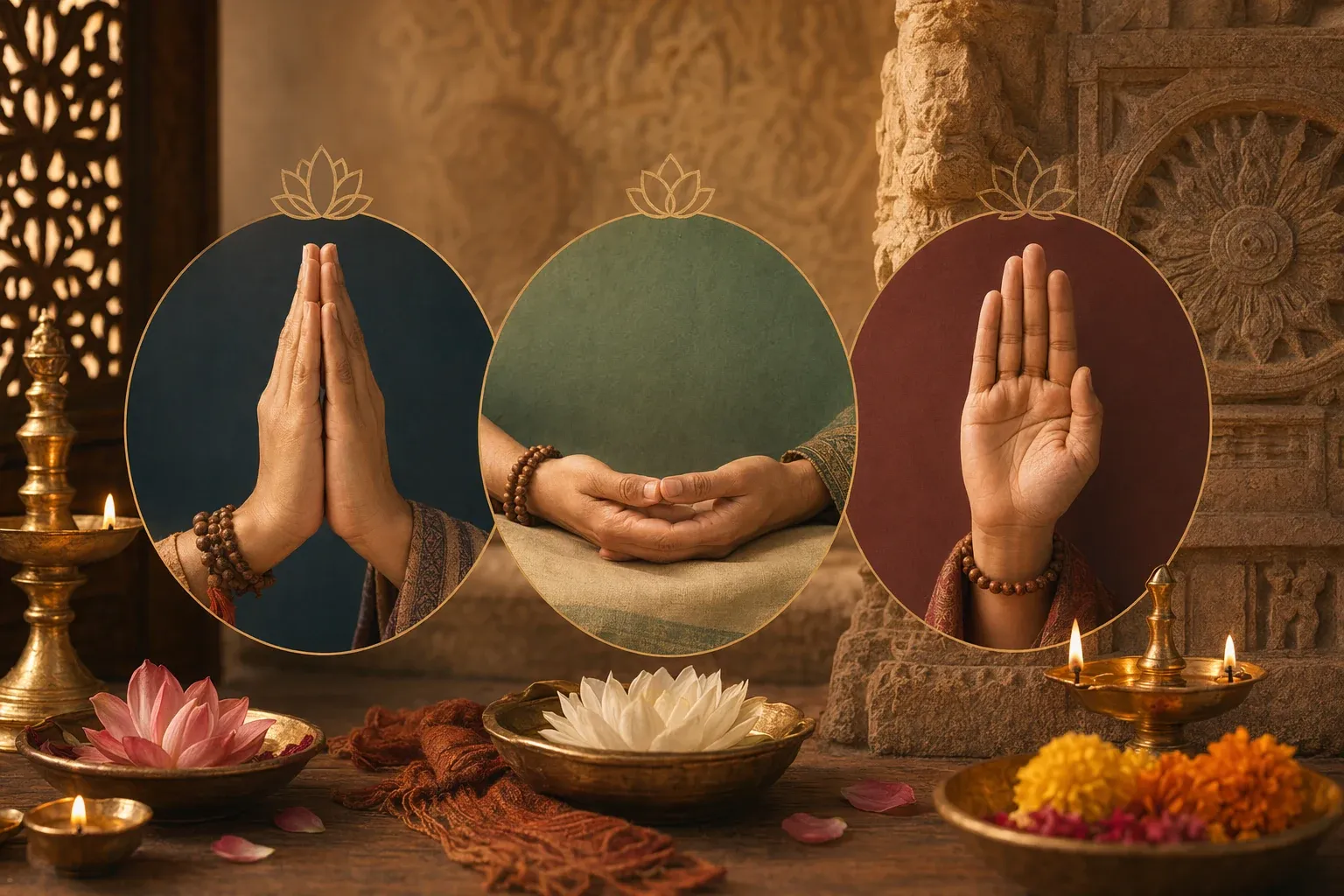 Three respectful hand gestures in an Indian temple-art setting, representing Anjali, Dhyana, and Abhaya mudras without text labels.