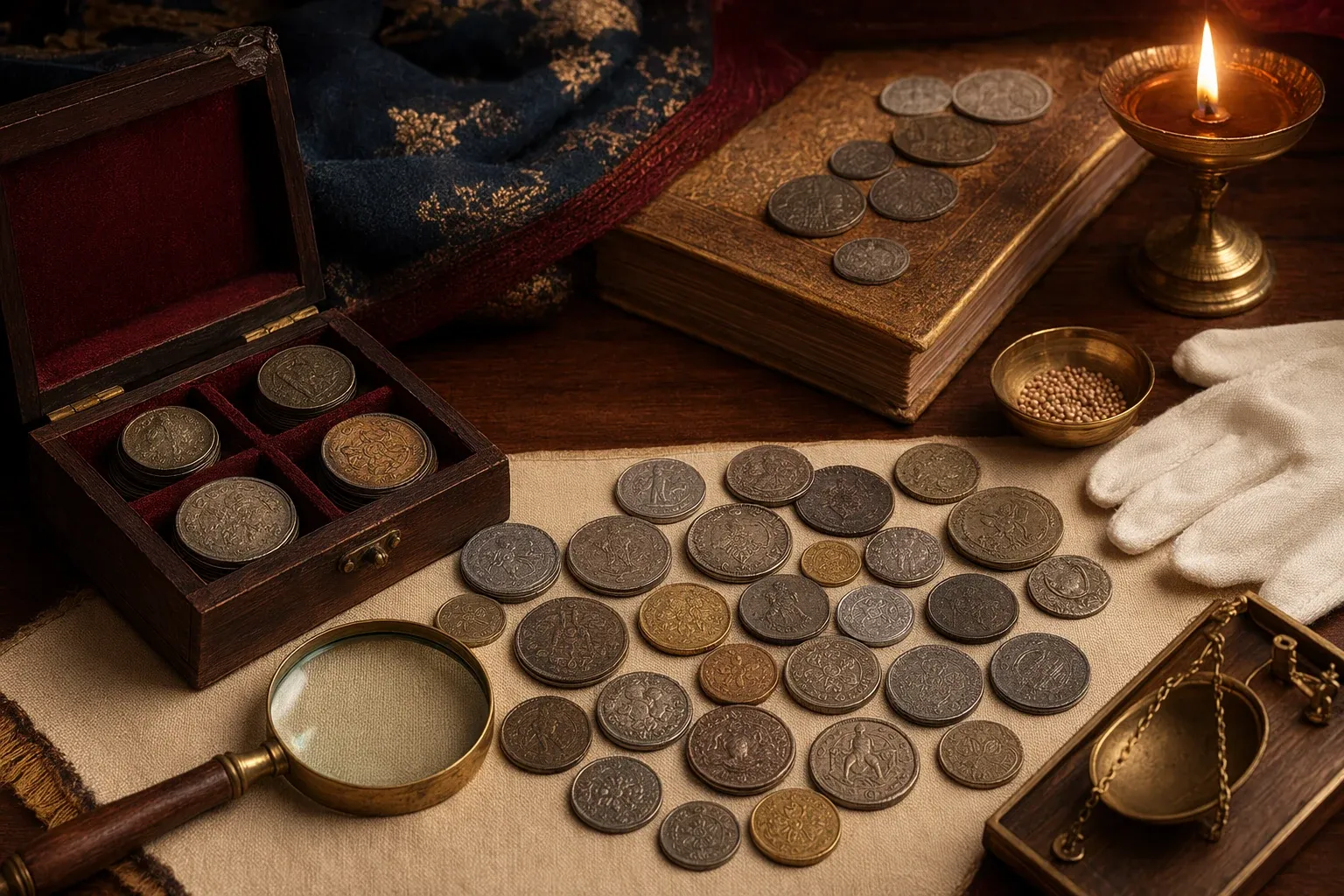Editorial illustration of old Indian coins with magnifier, scale, notebook and safe valuation notes.