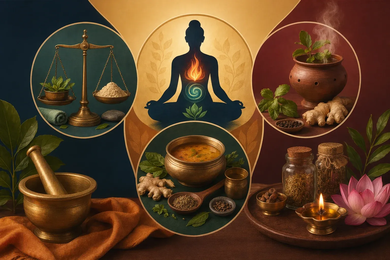 Ayurveda body-balance illustration with herbs, warm and cool elements, food, and calm wellness symbols for digestion, weight, and body heat.