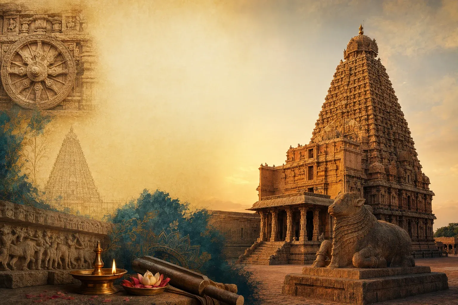 Illustration of Brihadeshwara Temple architecture with a tall Chola vimana, Nandi, granite courtyard and devotional lamps at Thanjavur.