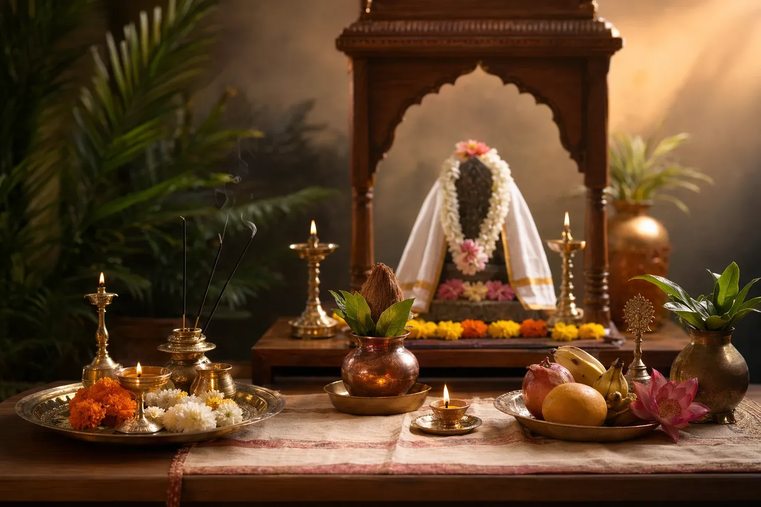 Home shrine with diya, kalasha, flowers, and peaceful Hindu worship setting for a guide to Prana Pratishtha at home.