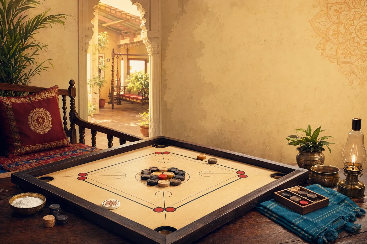 Indian carrom board with striker, black and white carrom men, red queen, warm home setting, and family table-game atmosphere.