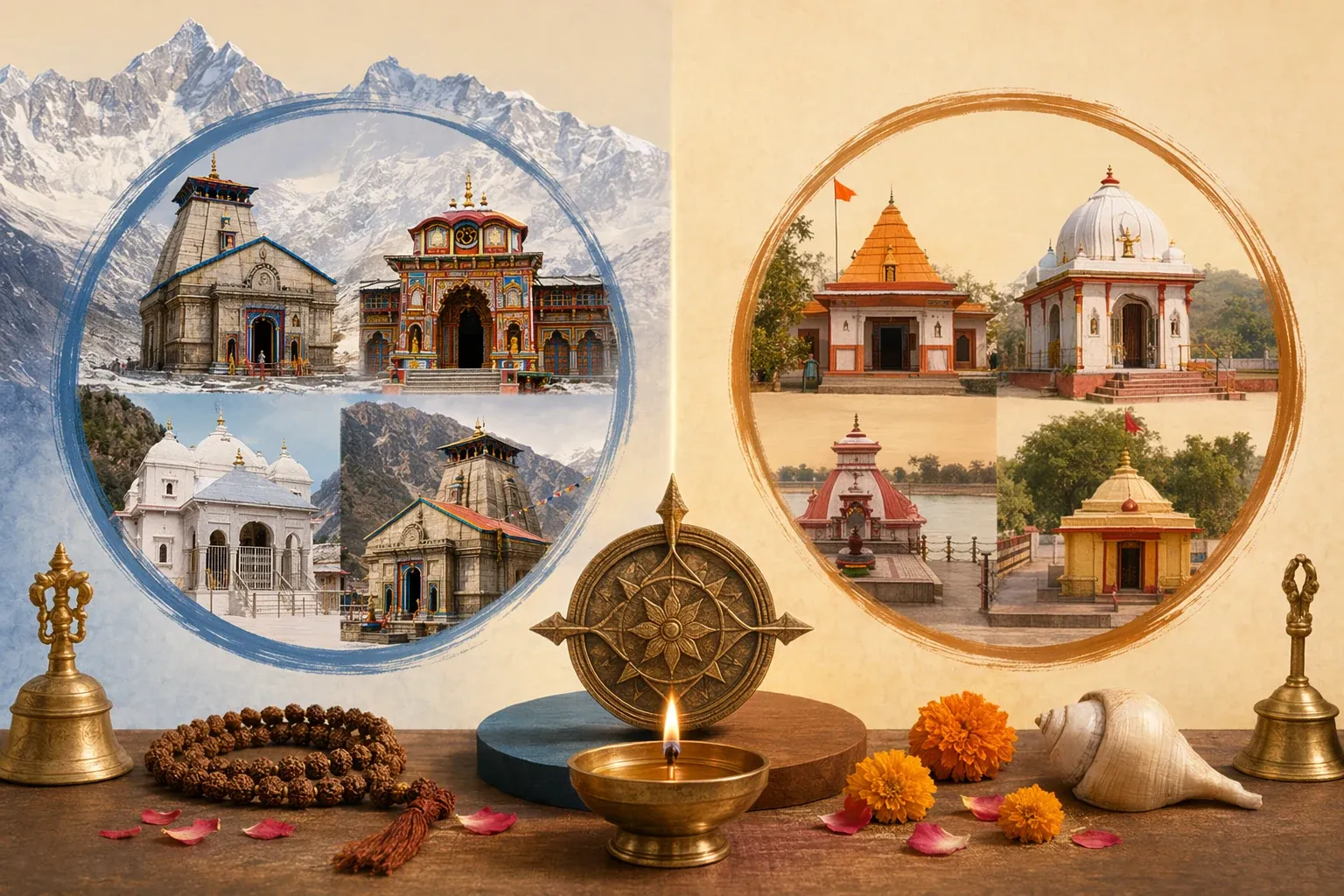 Comparison-style pilgrimage scene for understanding Char Dham and Chota Char Dham.