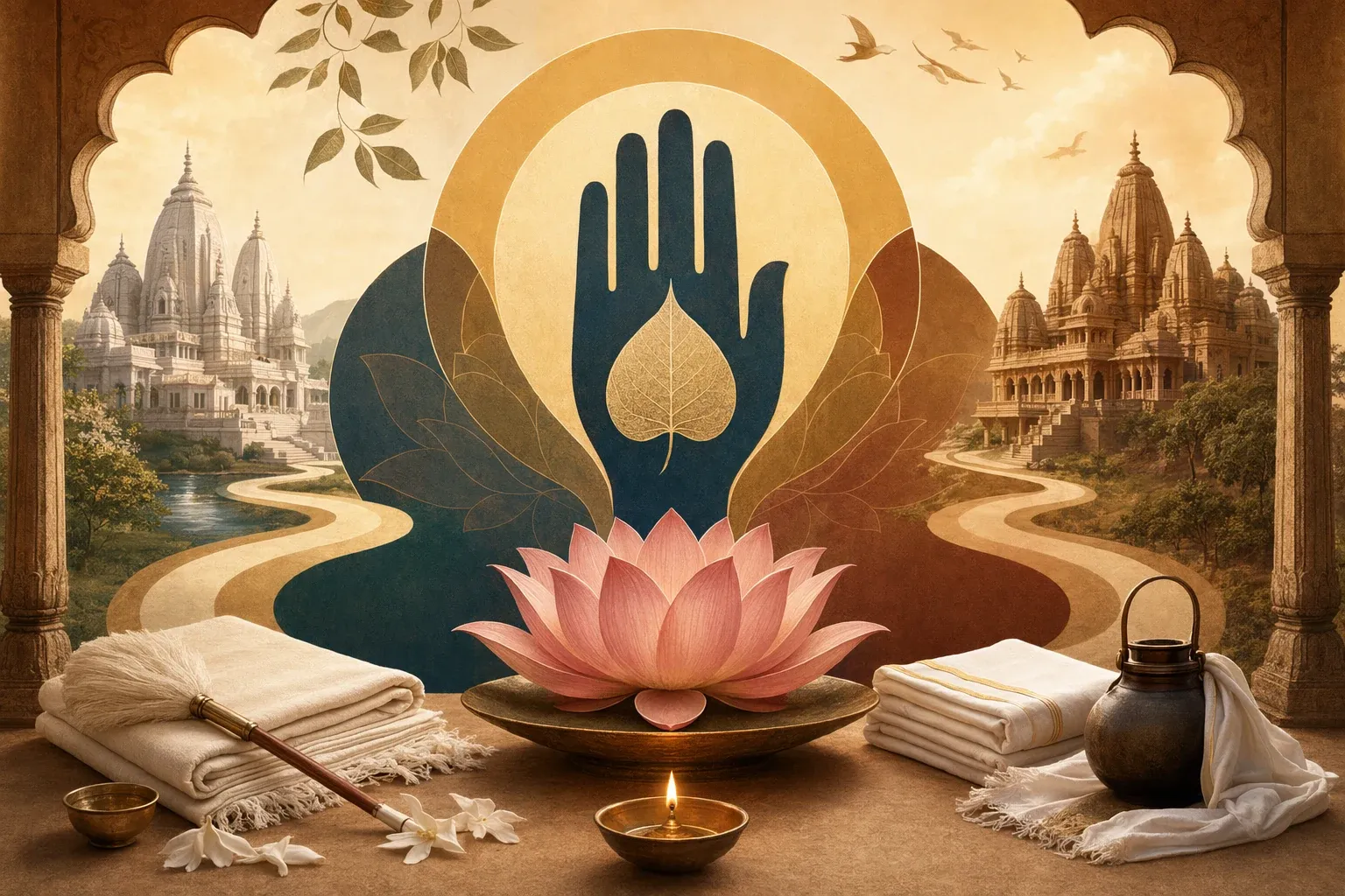 Symbolic Jain comparison scene with paired temple elements, white cloth, ascetic objects, lotus, and ahimsa-inspired devotional motif.