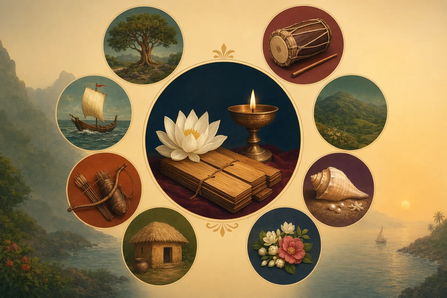 Eight palm-leaf manuscript bundles arranged as a Sangam anthology concept with Tamil literary heritage atmosphere.