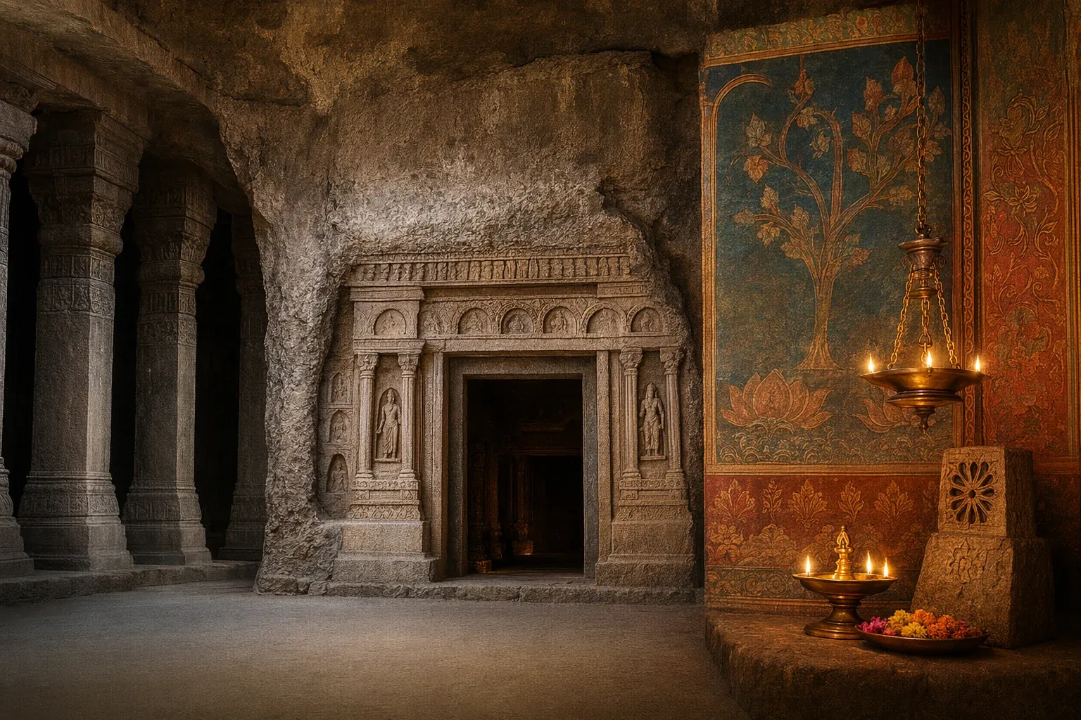 Aged rock-cut cave shrine with damaged sculpture mood and warm heritage lighting for the Elephanta Caves story.