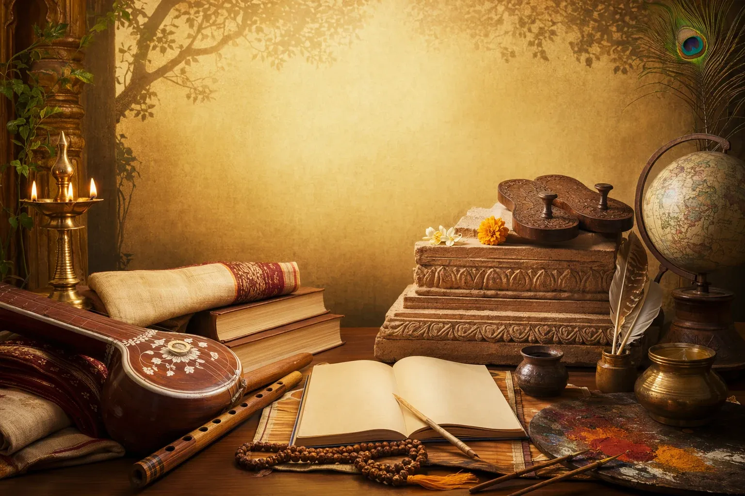 Symbolic Indian learning scene with books, music and traditional objects, representing famous guru-shishya pairs and lineages.