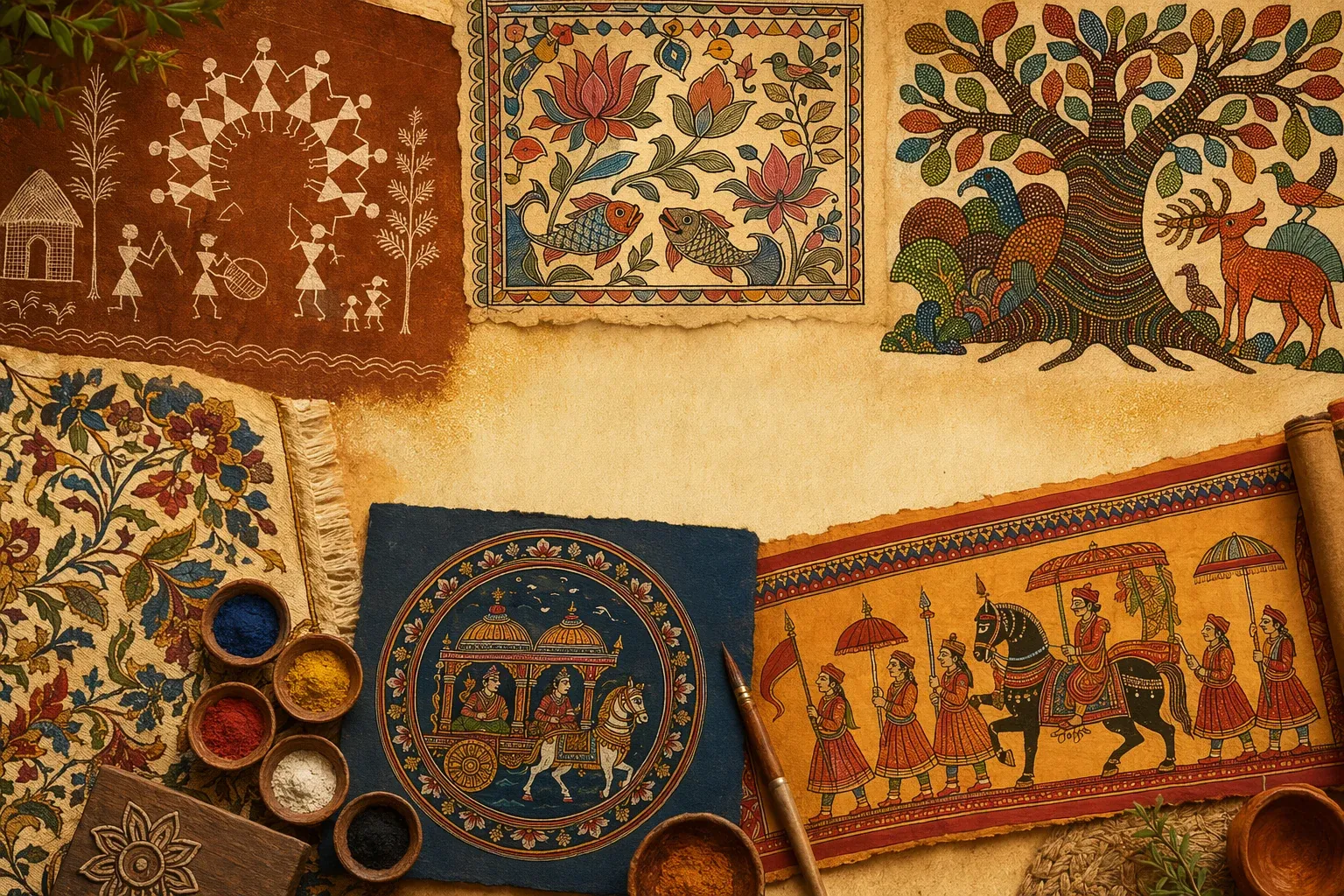 A collage-style Indian folk art learning scene with panels inspired by Warli, Madhubani, Gond, Pattachitra, Kalamkari, and Phad traditions.