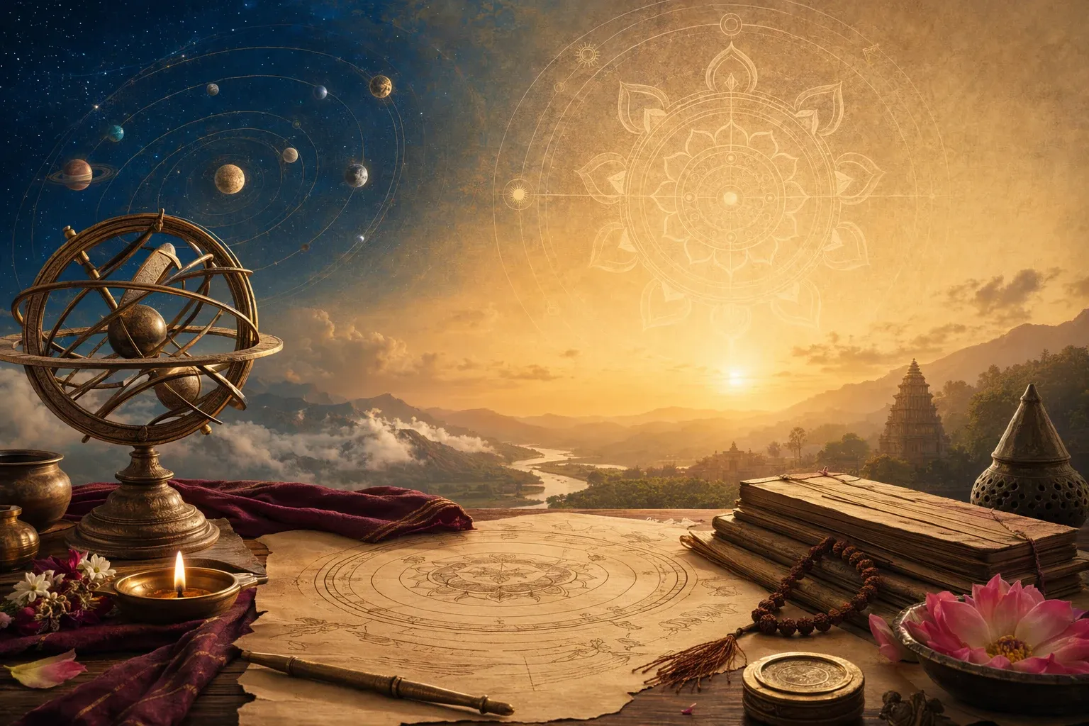 Symbolic Hindu cosmology illustration with sacred geometry, planets, scriptures and a diya representing creation and cosmic order.