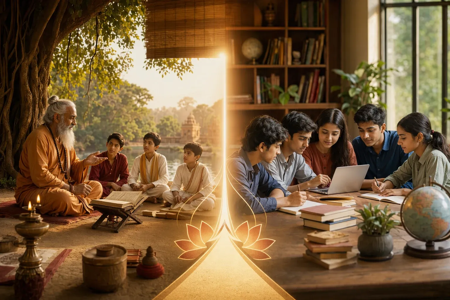 Split scene of a traditional guru teaching students beside a modern classroom, symbolising guru-shishya learning and modern education.