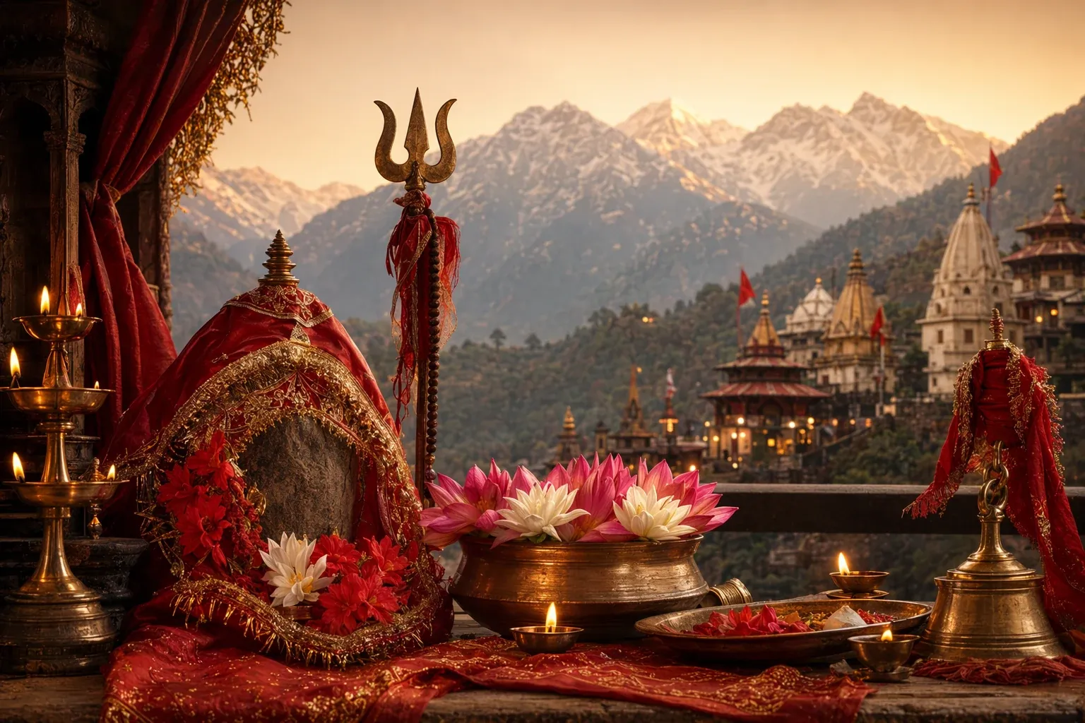 Editorial illustration for Shakti Peeth in Himachal and North India: Jwala Devi, Naina Devi, Chamunda, and More: a respectful Devi/Shakti temple editorial illustration with lamps, re...