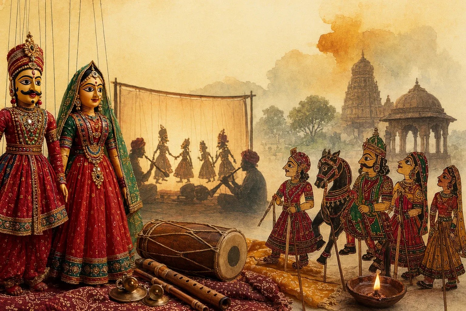 Timeline-style illustration of Indian puppetry from village storytelling and temple performance to modern theatre and education