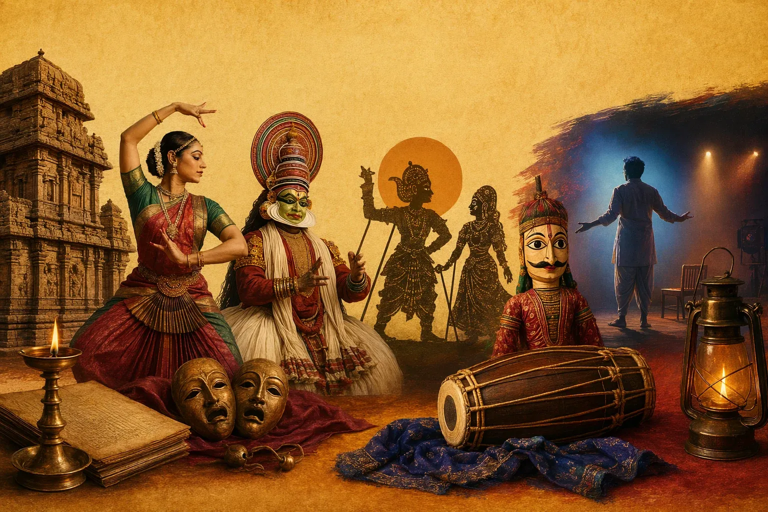 Timeline-style Indian theatre collage with classical performers, shadow puppets, musicians, temple-stage details and a modern stage figure.