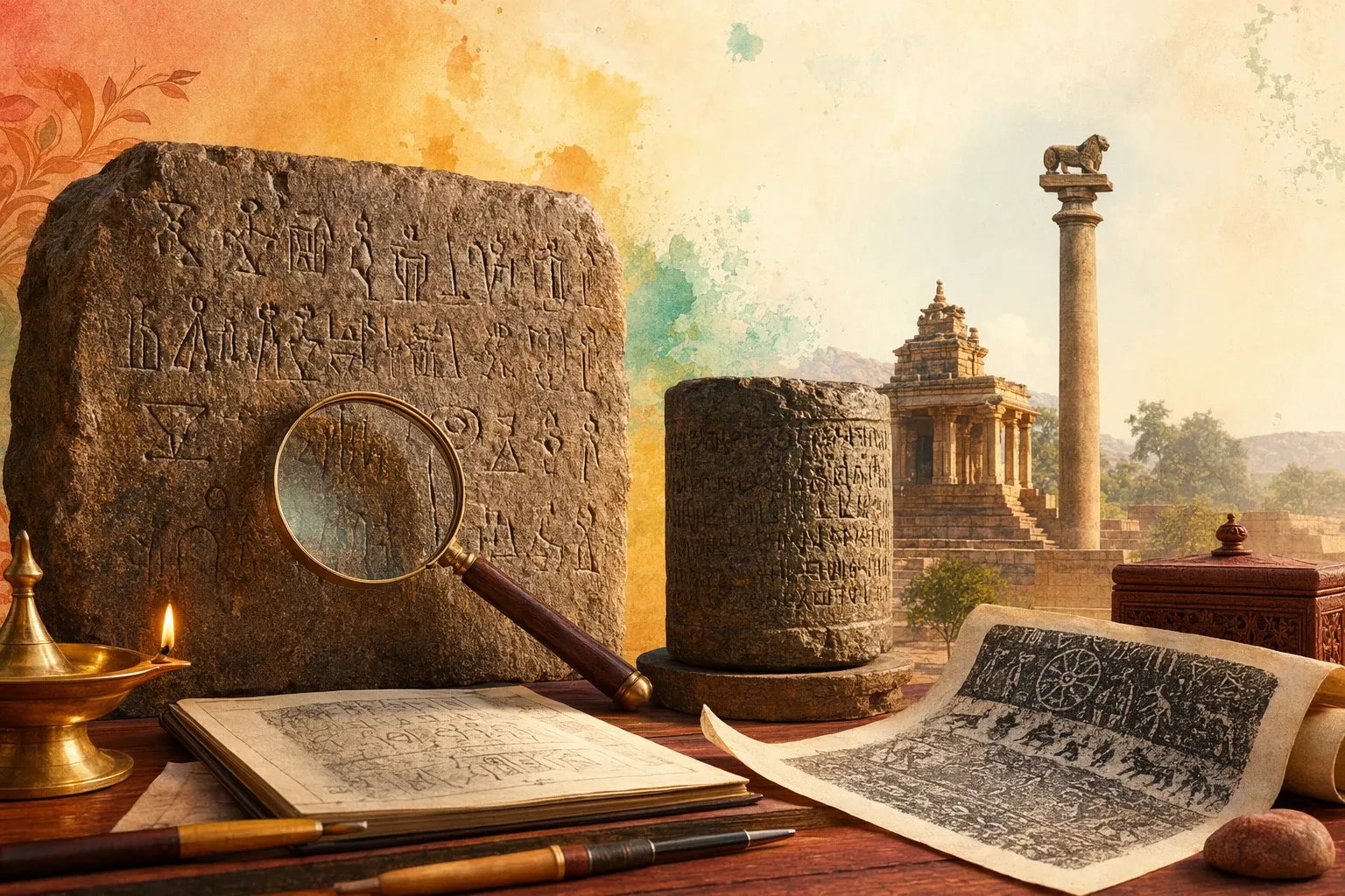 Epigraphy illustration showing a historian using magnification, photographs and notes to decipher an Indian stone inscription.